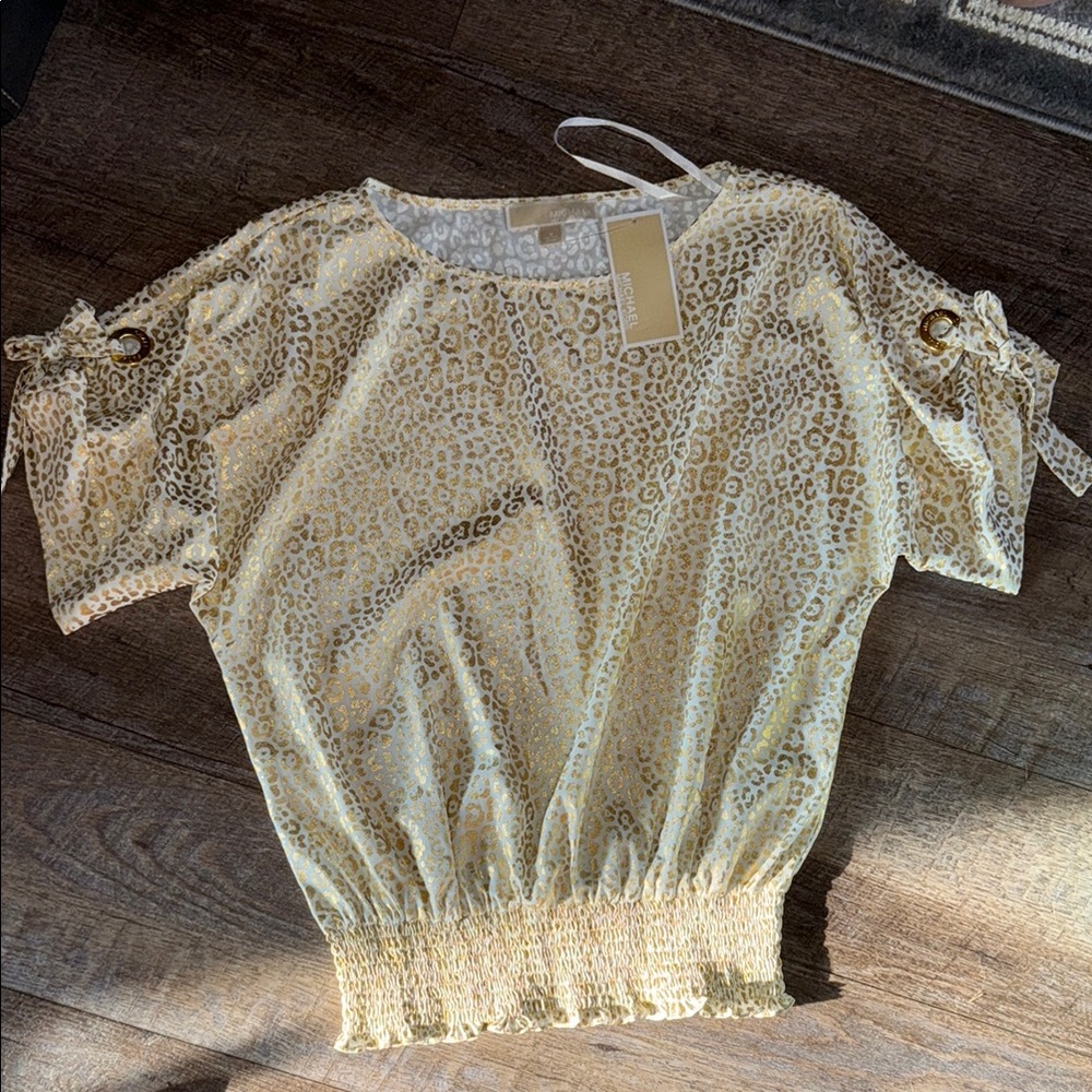 Michael Kors Gold Smocked Short Sleeve Blouse